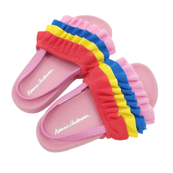 Hanna Andersson Sling Back Ruffle Sandals Pink and Rainbow Kids Size 8.5/3-4 yr - Picture 1 of 6